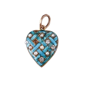 Antique Victorian 14k Gold Enamel Pearl Diamond Heart Pendant
