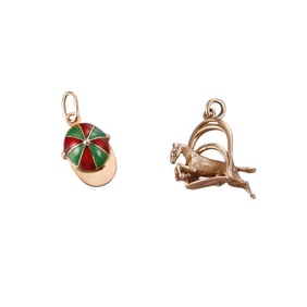 Vintage English 9k 14k Gold Enamel Jockey Hat Horse Stirrup Charm Lot of 2