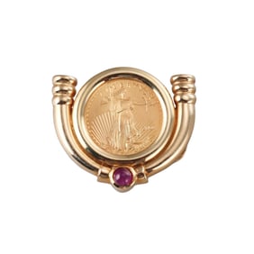 14k Gold Ruby 5 Dollar US Coin Slide Pendant