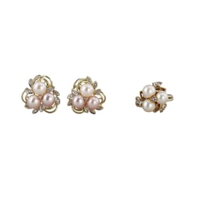 1980s 14k Gold Diamond Pearl Ring Earrings Lot