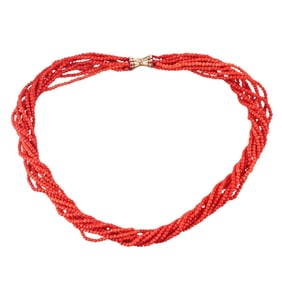 14k Gold Coral Bead Multi Strand Torsade Necklace