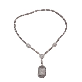 Art Deco Filigree 14k Gold Crystal Diamond Pendant Necklace