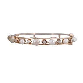 Vintage 14k Gold Diamond Pearl Bangle Bracelet