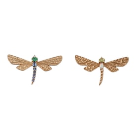 14k Gold Diamond Multi Gemstone Dragonfly Brooch Pin Set of 2