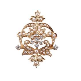 Antique 14k Gold Pearl Diamond Pendant Brooch
