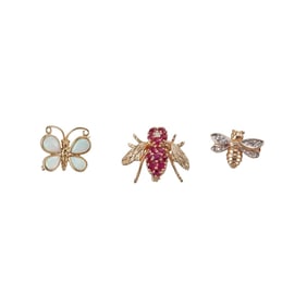 Gold Diamond Ruby Opal Butterfly Bee Insect Brooch Pin Lot of 3