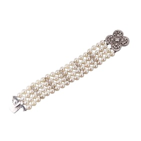 Mid Century 14k Gold Diamond Pearl Bracelet