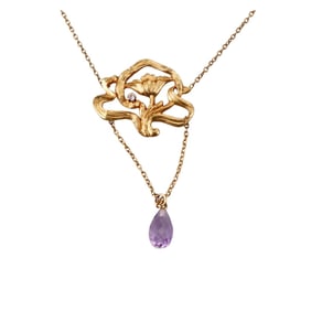 Antique Art Nouveau 14k Gold Amethyst Diamond Lavalier Necklace