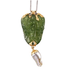 Carved Peridot Diamond Pearl Silver Gold Pendant Necklace