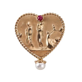 14k Gold Italian Ruby Pearl Heart Pendant Brooch