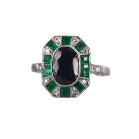 Platinum Sapphire Emerald Diamond Ring