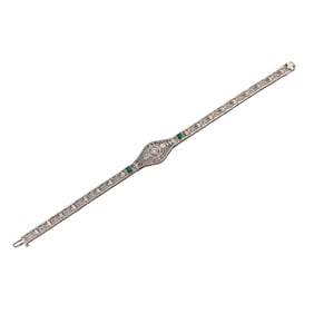 Art Deco Filigree 14k Gold Emerald Diamond Bracelet