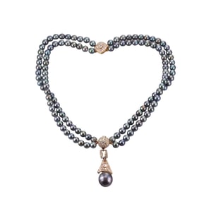 3.85ctw Diamond 14k Gold Tahitian Pearl Double Strand Necklace