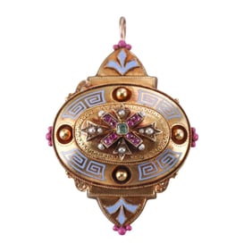 Antique 14k Gold Enamel Gemstone Pendant Locket