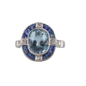 Platinum 2.46ct Aquamarine Diamond Sapphire Ring