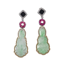 14k Gold Carved Jade Diamond Ruby Onyx Drop Earrings