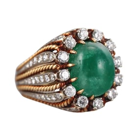 1960s 18k Gold Emerald Cabochon Diamond Cocktail Ring