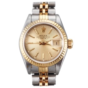 Rolex Oyster Date 18k Gold Steel Tapestry Dial Ladies Watch 69173