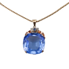 Mid Century 14k Gold Blue Glass Pendant Necklace