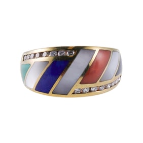 Asch Grossbardt Inlay Coral Mother of Pearl Lapis Malachite Diamond Gold Ring