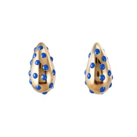 18k Gold Blue Polka Dot Enamel Medium Teardrop Earrings