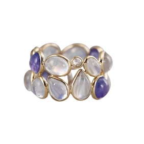 18k Gold 12ctw Moonstone 4.85ctw Tanzanite Diamond Band Ring