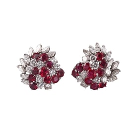 Mid Century 18k Gold Diamond Ruby Cocktail Earrings