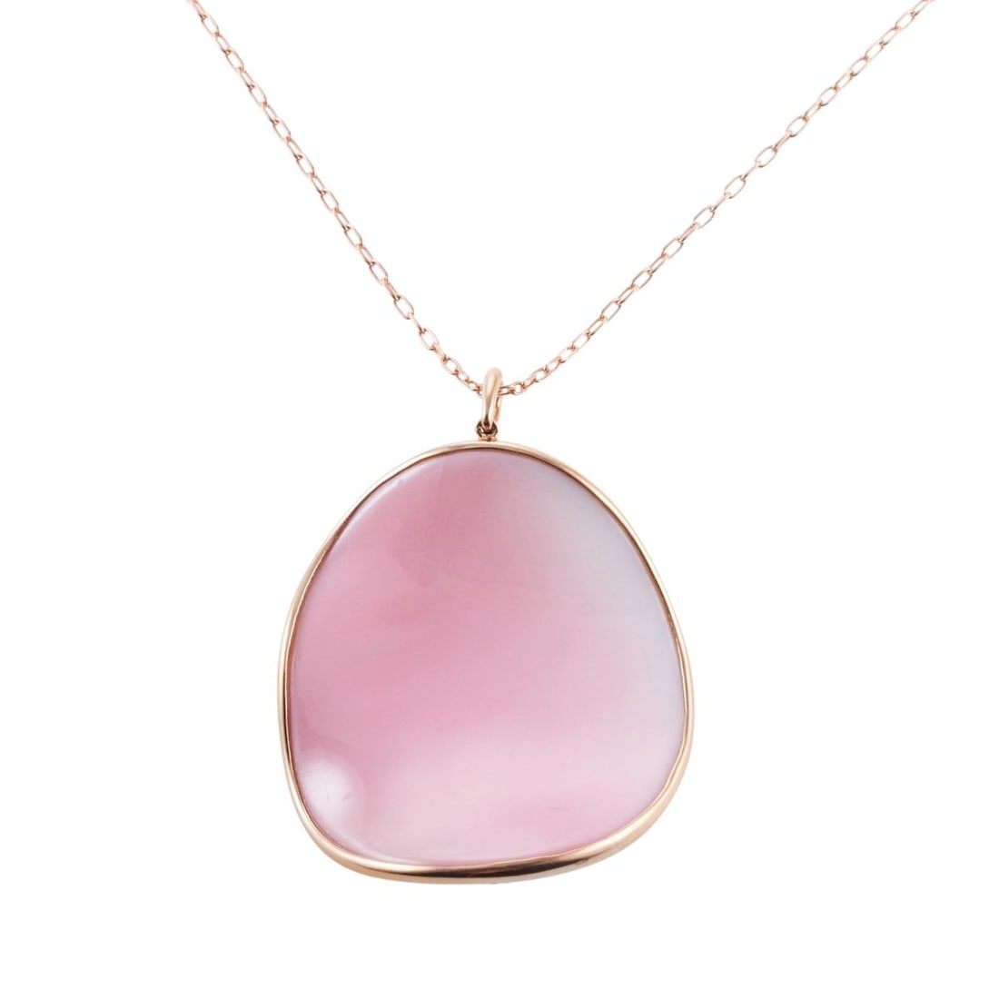 Mimi Milano Pink Mother of Pearl Gold Aurora Pendant Necklace: Metal : 18k Rose Gold Designer : Mimi Milano Gemstone : Pink mother of pearl. Measurements : Necklace is 16" long, pendant is 48mm x 35mm. Marked: : Mimi Italian mark, 750. Weig