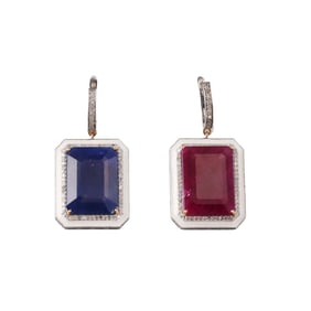 14k Gold Silver 28.83ctw No Heat Sapphire Ruby Diamond Drop Earrings