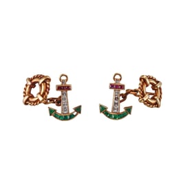 18k Gold Diamond Ruby Emerald Nautical Anchor Wheel Cufflinks