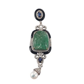 14k Gold Silver 26.09ct Carved Emerald Pearl Sapphire Diamond Pendant