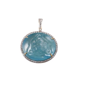 18k Gold 53.42ct Carved Aquamarine Diamond Pendant