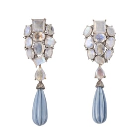 14k Gold Silver 28.07ctw Moonstone 26.67ctw Blue Opal Diamond Drop Earrings