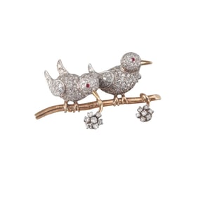 14k Gold Diamond Ruby Birds Brooch Pin