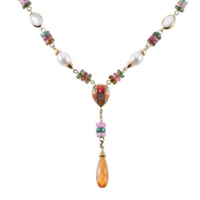 Asch Grossbardt Inlay Gemstone Pearl Tourmaline Citrine Pendant Gold Necklace