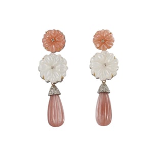 14k Gold Silver 59.48ctw Peach Moonstone Diamond Drop Earrings