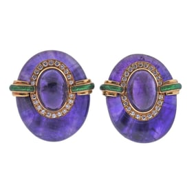 David Webb Amethyst Diamond Enamel 18k Gold Earrings