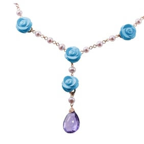 Mimi Milano Grace Turquoise Amethyst Pearl Diamond Gold Pendant Necklace