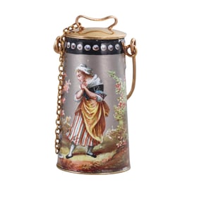 Antique 18k Gold Hand Painted Miniature Enamel Bucket Pendant Locket