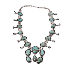 Native American Sterling Silver Turquoise Large Squash Blossom Necklace