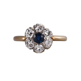 Antique 18k Gold Diamond Sapphire Cluster Ring