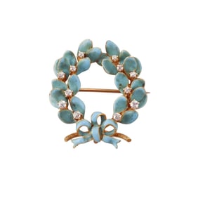 Antique 18k Gold Diamond Enamel Wreath Brooch Pin