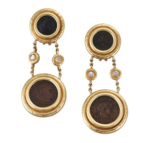 Elizabeth Locke Ancient Coin Moonstone Gold Drop Earrings