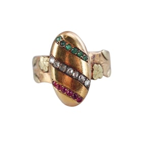 Antique Victorian French 18k Gold Diamond Ruby Emerald Ring