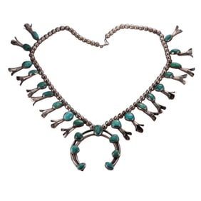 Native American Sterling Silver Turquoise Squash Blossom Necklace