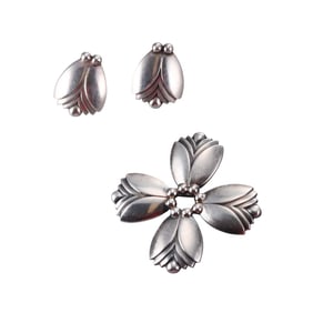 Georg Jensen Sterling Silver Tulip Earrings Brooch Pin Set No. 106