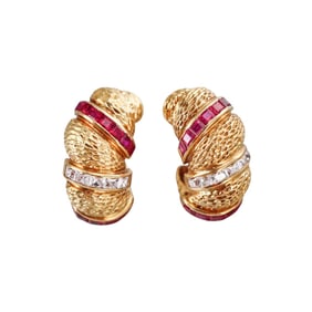 1960s 18k Gold French Cut Diamond Ruby Half Hoop Earrings