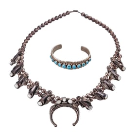 Native American Anthony Brown Sterling Cuff Bracelet Squash Blossom Necklace Lot of 2