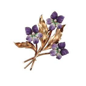 Antique 14k Gold Pearl Enamel Flower Brooch Pin