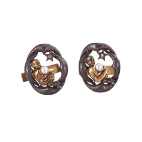 Vintage 14k Yellow Gold Silver Pearl Diamond Cufflinks